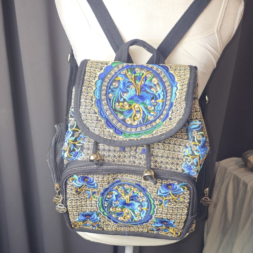 Boho Embroidered Mini Backpack Purse Blue Gold Festival Tapestry Bag